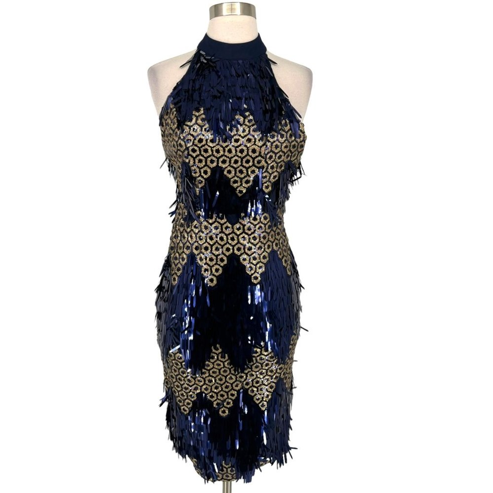 L'Atiste Metallic Halter Honeycomb Dress Blue Gold Size Medium NWT